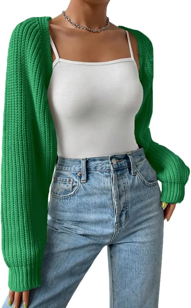 Women Open Front Ribbed Knit Crop Bolero Drop Shoulder Long Sleeve Solid Loose Fit Knitted Crop Cardigan Shrug