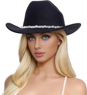 Womens Mens Rhinestone Western Cowboy Hat Wide Brim Felt Fedora Bling Hats with Diamonds Band Cowboy Hat for Party