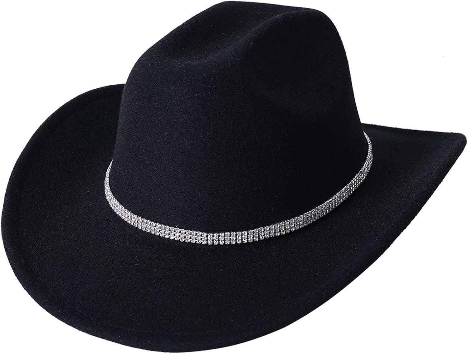 Womens Mens Rhinestone Western Cowboy Hat Wide Brim Felt Fedora Bling Hats with Diamonds Band Cowboy Hat for Party