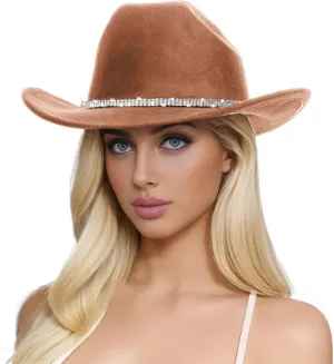 Womens Mens Rhinestone Western Cowboy Hat Wide Brim Felt Fedora Bling Hats with Diamonds Band Cowboy Hat for Party