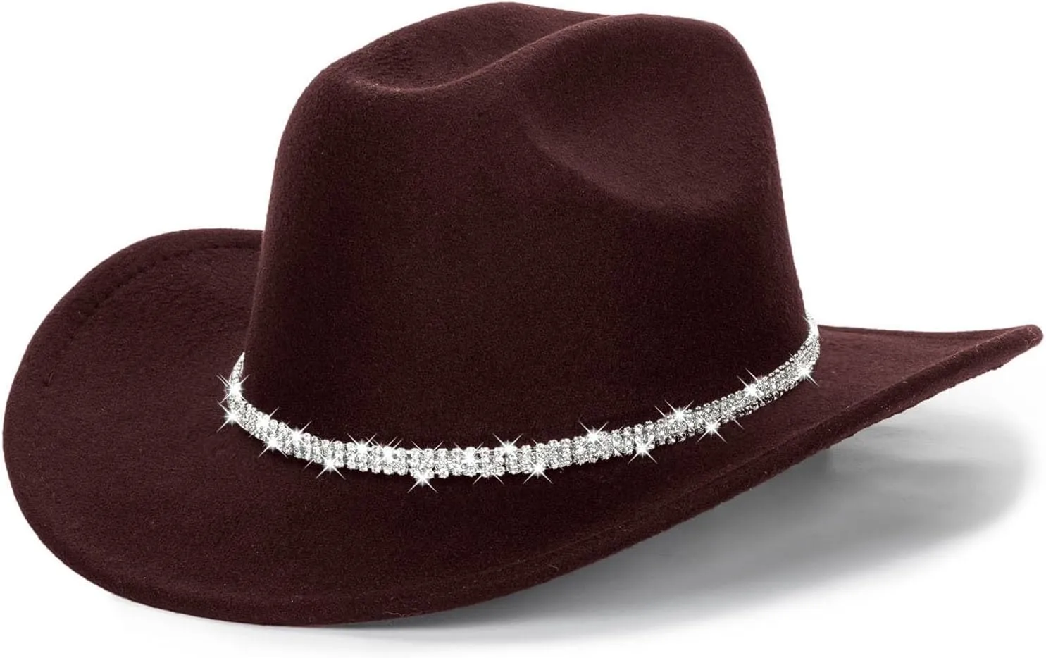 Womens Mens Rhinestone Western Cowboy Hat Wide Brim Felt Fedora Bling Hats with Diamonds Band Cowboy Hat for Party