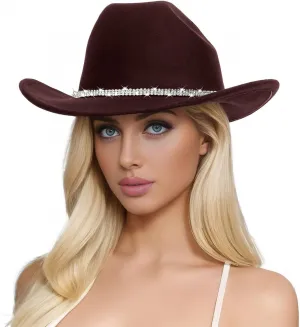 Womens Mens Rhinestone Western Cowboy Hat Wide Brim Felt Fedora Bling Hats with Diamonds Band Cowboy Hat for Party