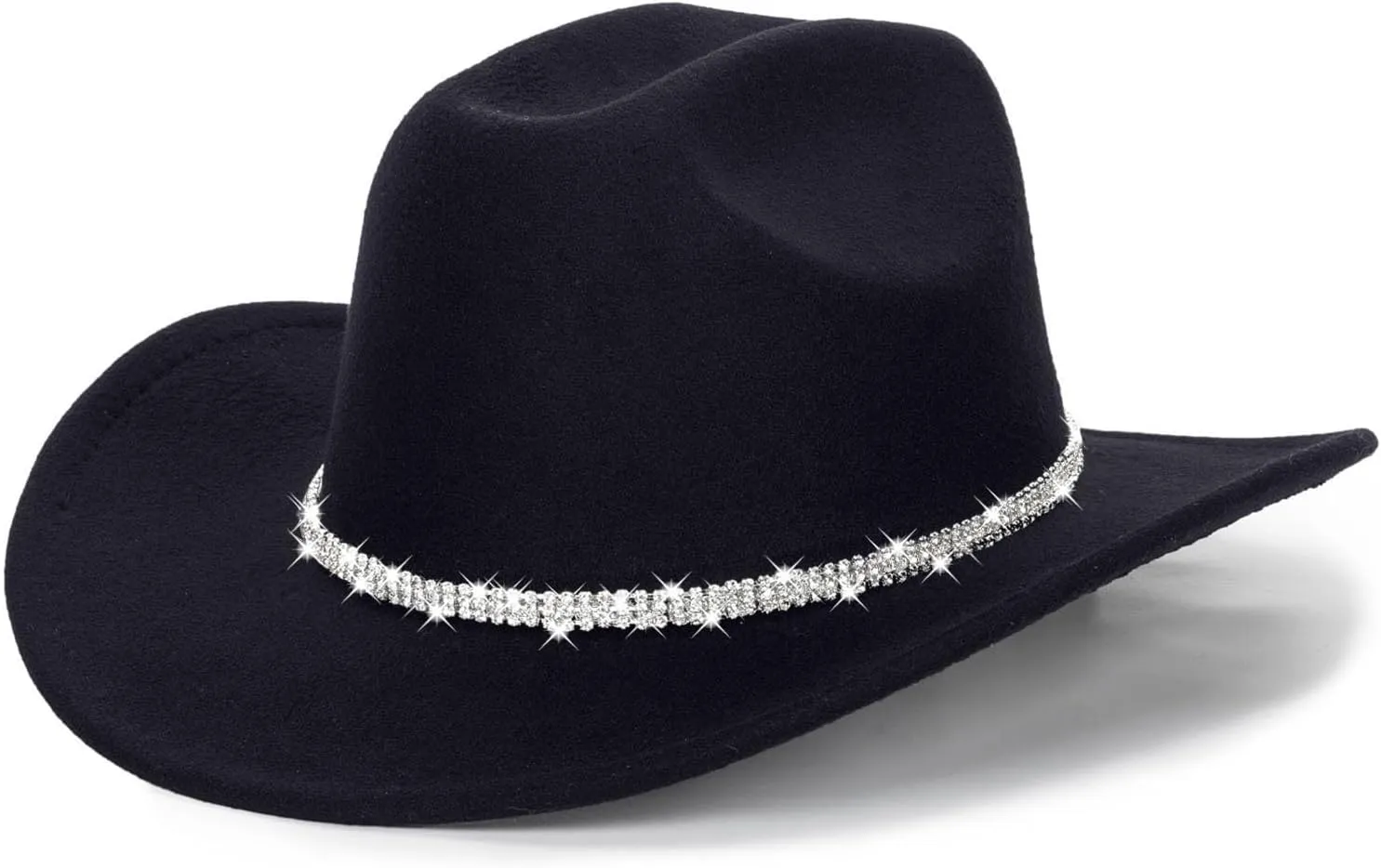 Womens Mens Rhinestone Western Cowboy Hat Wide Brim Felt Fedora Bling Hats with Diamonds Band Cowboy Hat for Party