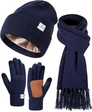 Womens Satin Lined Beanie Scarf Gloves Set, Silk Lined Winter Hats Knit Scarf Touchscreen Gloves, 3 Fashionable Warm Gift Set