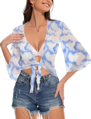 Women's Short Cardigan Bolero Shrug Sheer Tie Front Top 3/4 Sleeve Jacket for Dress