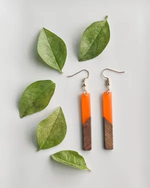 Wood and Orange Resin Bar Earrings