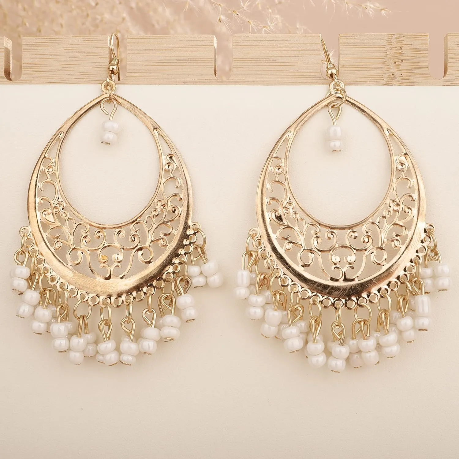 YERTTER Boho Drop Gold Rice Beads Tassel Dangle Hollow Vintage Hoop Earring Bohemian Hook Earrings Ethnic Style Accessories Party for Women Girls