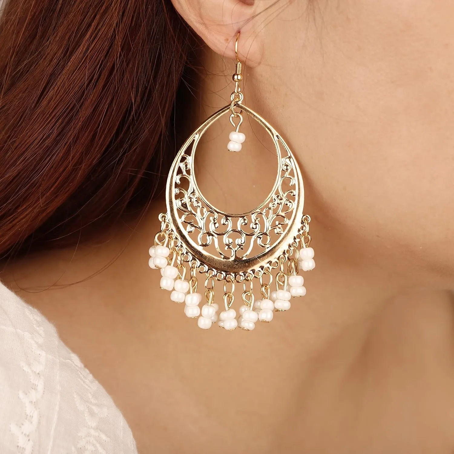 YERTTER Boho Drop Gold Rice Beads Tassel Dangle Hollow Vintage Hoop Earring Bohemian Hook Earrings Ethnic Style Accessories Party for Women Girls
